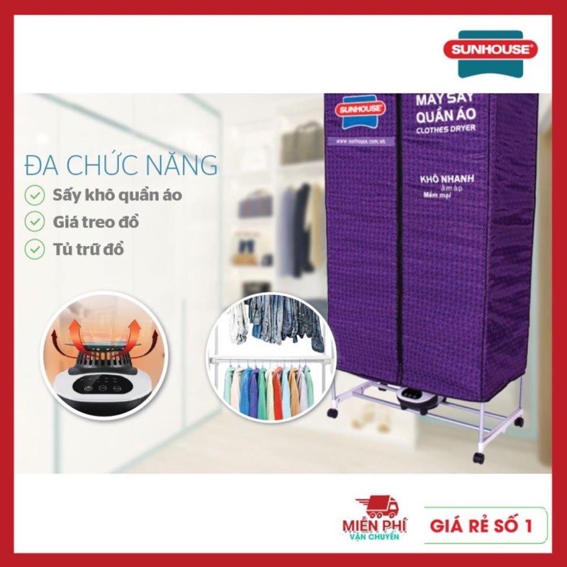 Máy sấy quần áo Sunhouse SHD2707, máy sấy quần áo Sunhouse công suất 1400w có điều khiển xa, khối lượng sấy tối đa 15kg.