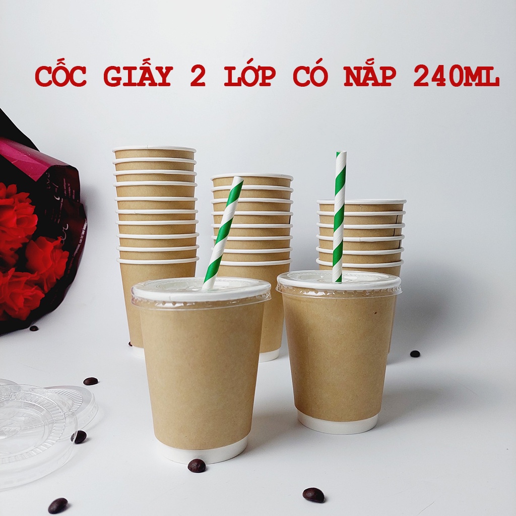 50 chiếc cốc giấy nâu 2 lớp nắp bằng 240ml - 8oz NHẬP KHẨU HÀN QUỐC