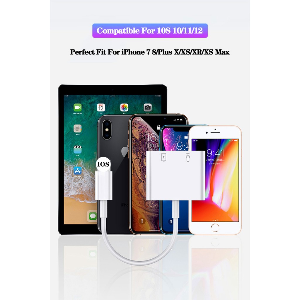 Cáp chia cổng Lightning sang 3.5mm 2 trong 1 cho iPhone 12 11 XS MAX XR X 8 7 Plus