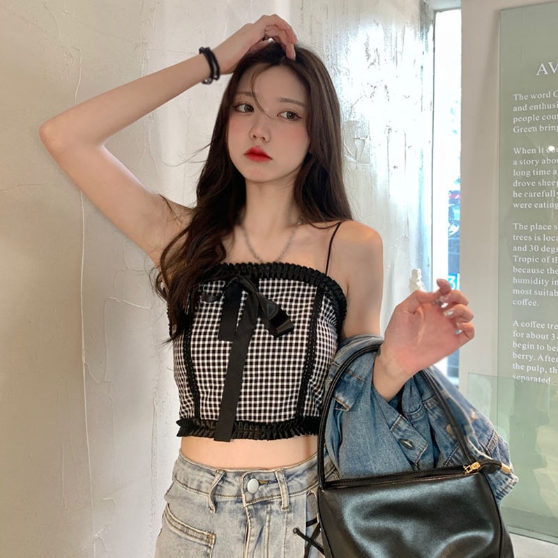 Áo Croptop Hai Dây Ôm Dáng Thắt Nơ Họa Tiết Kẻ Sọc Màu Sắc Tương Phản Phong Cách Hàn Quốc Cho Nữ