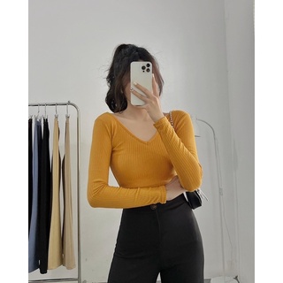 Áo cổ tim tay dài▪️BASIC CROPTOP