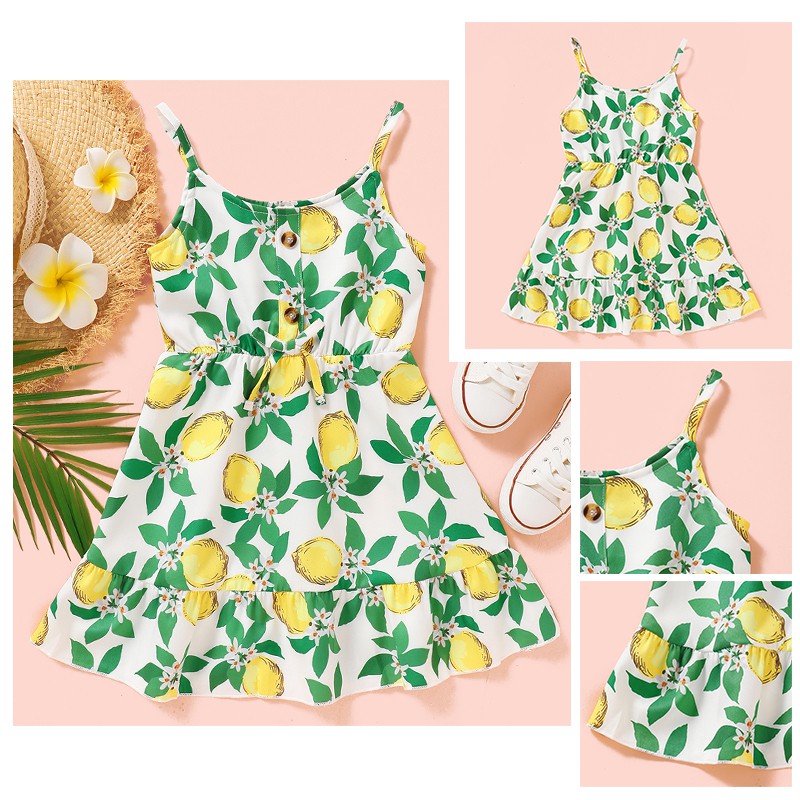 mikrdoo Kid Toddler Baby Girl Lemon Floral Print Strap Summer Fashion Party Dress