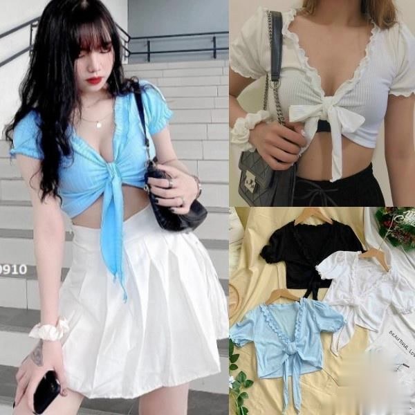 Áo croptop nữ thun gân len kiểu cột nơ viền bèo alohashop91