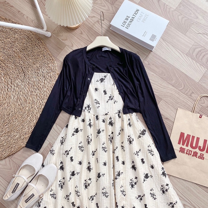 Set Váy hoa nhí mix áo khoác cadigan 2lớp siêu xinh