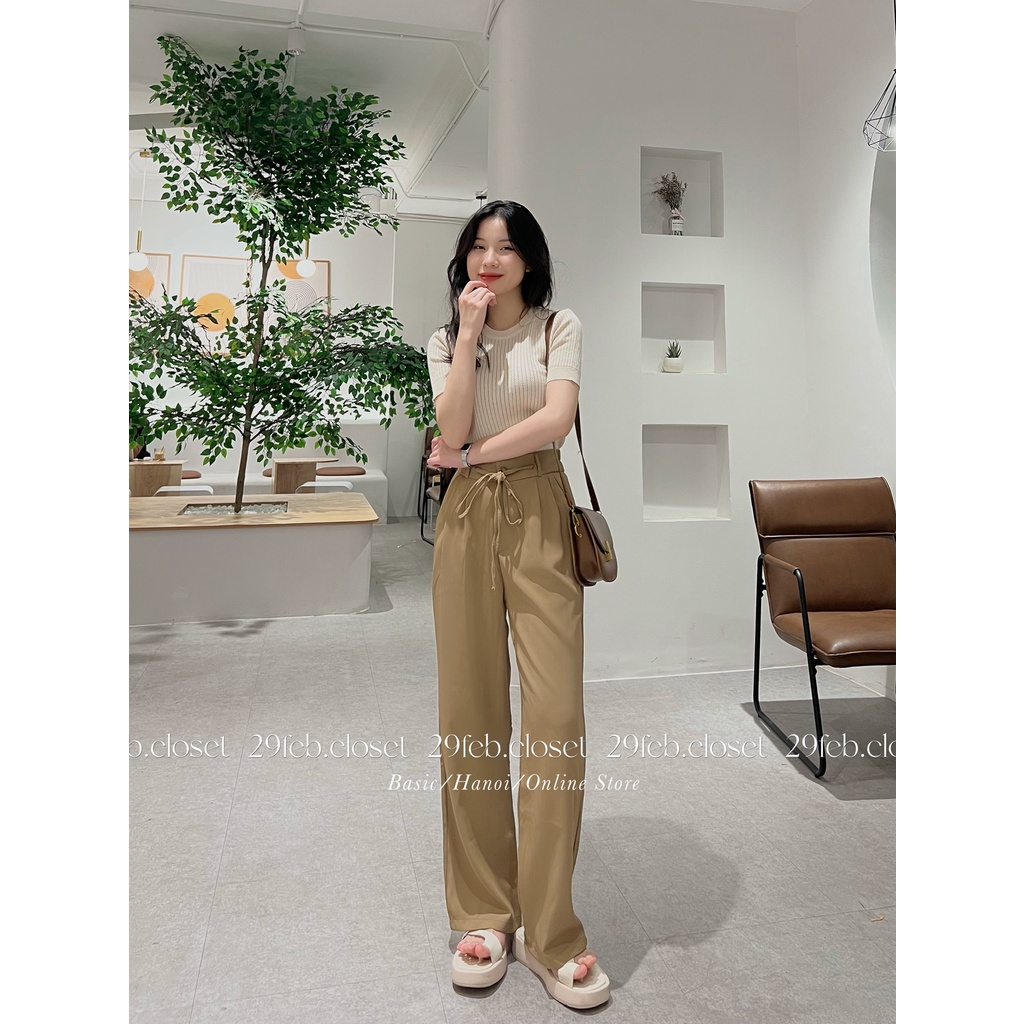 Quần ống suông 1 khuy cạp cao thắt nơ chất Ruby trượt hàn - 29feb.closet - Q38