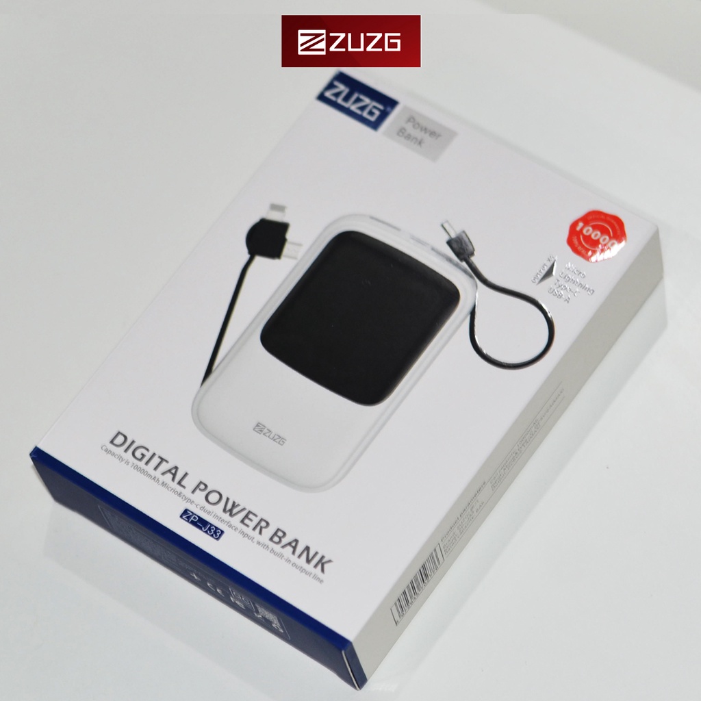 Sạc dự phòng ZUZG 10000mAH đa năng cáp sạc 3 đầu ( iPhone - Micro - Type C) tích hợp Mini LED  J33-Hàng chính hãng