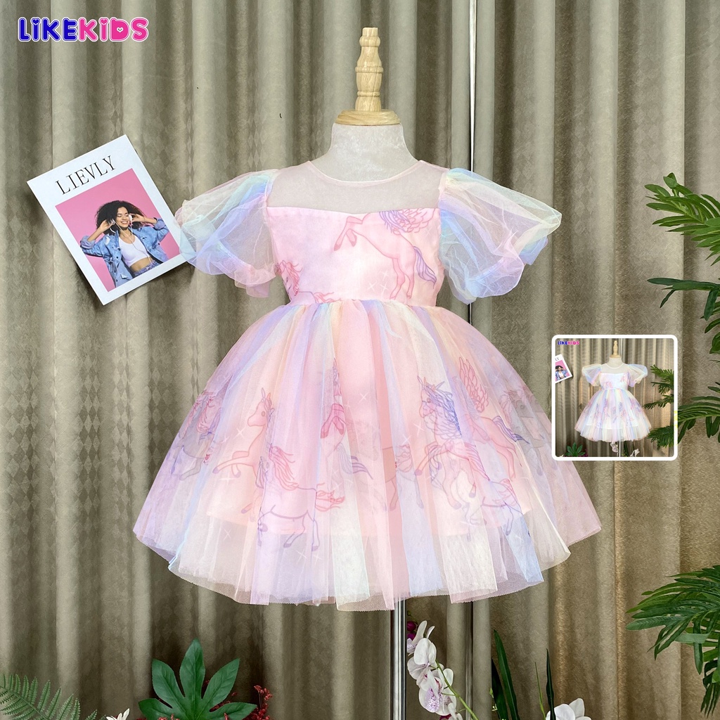 Đầm công chúa bé gái LIKEKIDS váy họa tiết ngựa bảy màu xinh xắn cho trẻ em từ 1 tuổi đến 10 tuổi đi học, đi chơi - E25