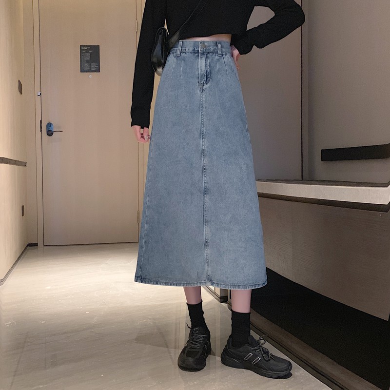 Chân Váy Denim Lưng Cao Xẻ Tà Phong Cách Vintage | BigBuy360 - bigbuy360.vn