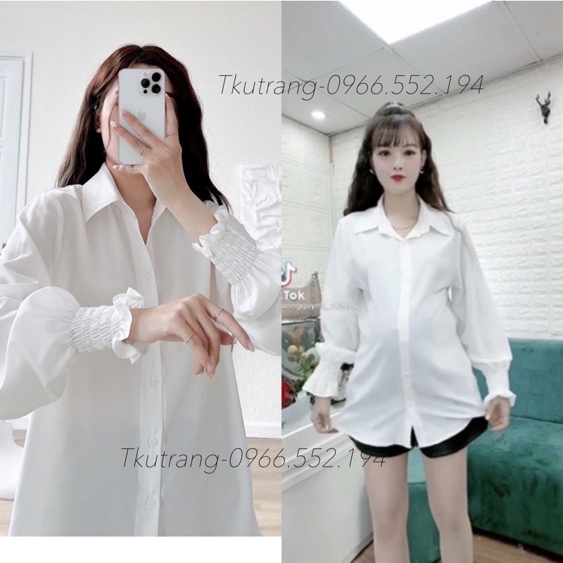 Áo bầu sơ mi nữ dài tay bo nhún cổ tay vải lụa trắng cổ bẻ form rộng SM14