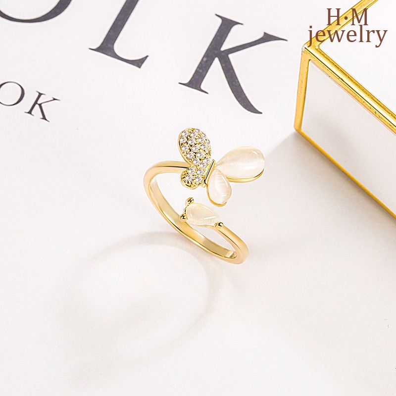 Nhẫn Dạng Hở Đính Đá Opal Hình Hoa Bướm Đơn Giản Thời Trang