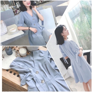 Đầm xanh pastel cột nơ tay dáng xòe dự tiệc đi chơi