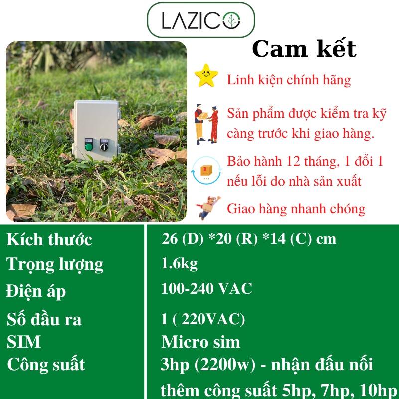 Tủ điều khiển từ xa qua điện thoại cho máy bơm 220V, công suất 3hp - 10hp dùng app LAZICO LZ1B+