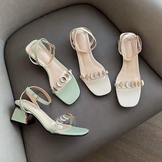 Sandal gót vuông 5p mạ kim mặt hoa mika đá
