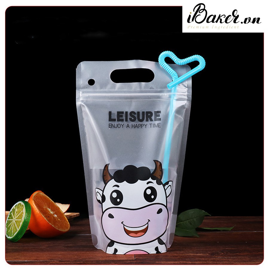 Túi đựng trà sữa kèm ống hút - Hình bò sữa (xấp 10 cái)