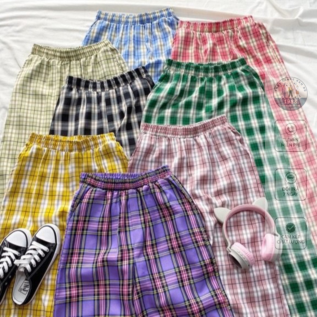 Quần Kẻ Caro Ống Rộng ❤ Quần Caro Nữ Cạp Chun Lưng Cao Dáng Suông