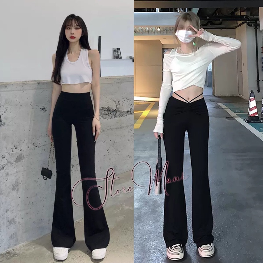 Quần tây ống loe nữ cạp cao vải cotton màu đen dài co dãn kiểu quần legging nữ hàn quốc lưng cao siêu hack chân tôn dáng | BigBuy360 - bigbuy360.vn