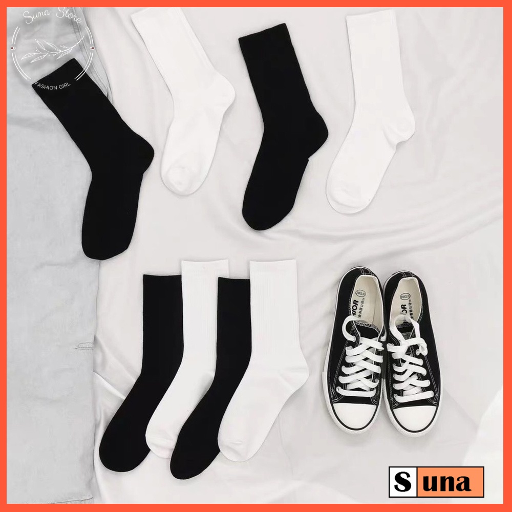 Tất cổ cao nam nữ trơn hai màu đen trắng, Tất cao cổ nữ chất cotton co dãn thấm hút mồ hôi SUNA FASHION