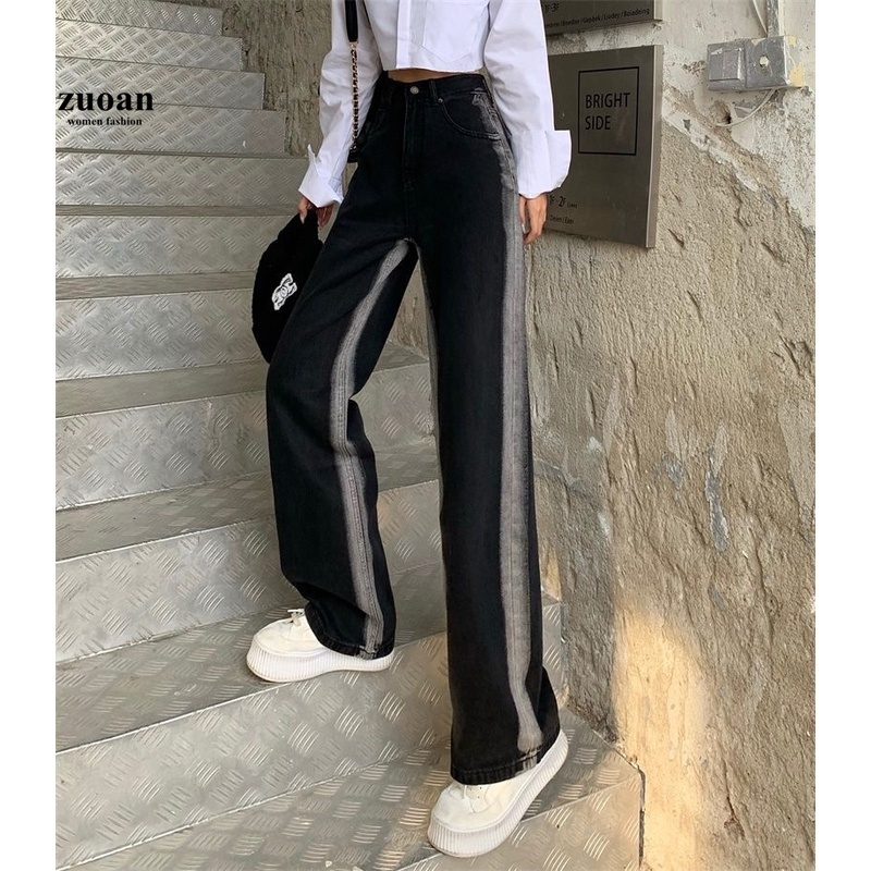 SUXI Quần jeans nữ lưng cao ống rộng thời trang Hàn Quốc