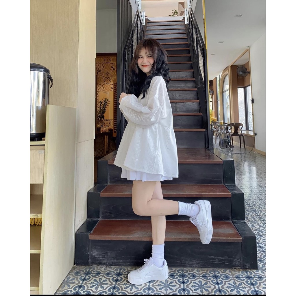 Áo Tiểu Thư Babydoll Hoa Nhí Dài Tay ⚡ Casper.Store | FREESHIP | ⚡ Áo bánh bèo tay bồng màu trắng basic, họa tiết in hoa