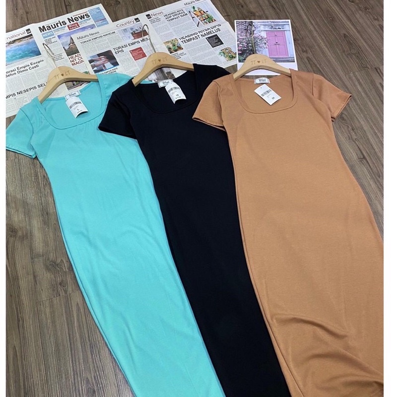 Váy body nữ tay lỡ cổ vuông dáng dài chất thun bozip co dãn nhiều màu duyendell