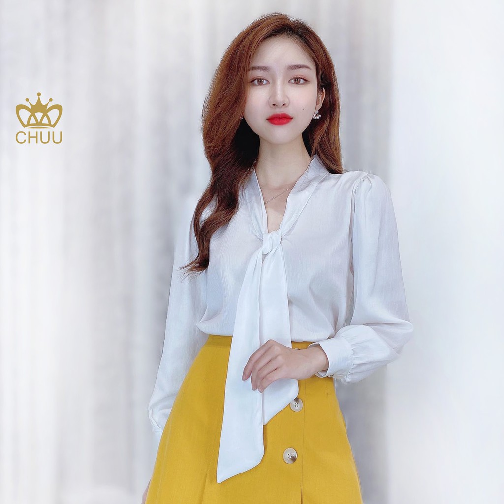 Áo sơ mi lụa trơn nơ tay dài CHUU A5236