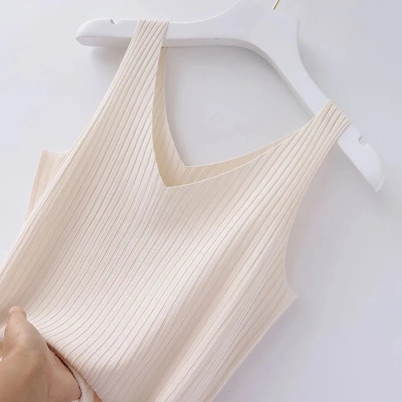 Áo Dệt Kim Không Tay Cổ Chữ V Màu Trơn Thời Trang Gợi Cảm Cho Nữ