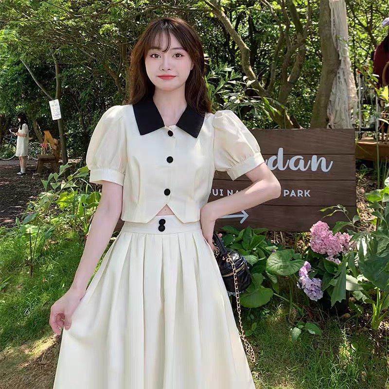 Set váy dáng dài kèm áo crotop cổ sơ mi tay bồng 3 màu FengHi