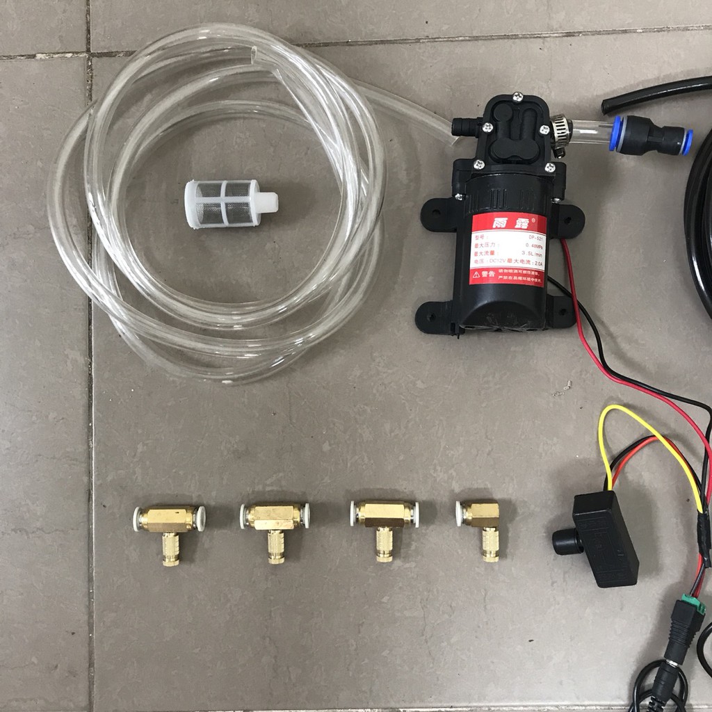 bộ máy phun sương làm mát trong nhàmini 12v béc số 1,2,3 béc đồng | bộ máy bơm phun sương | bộ máy bơm áp lực phun sương