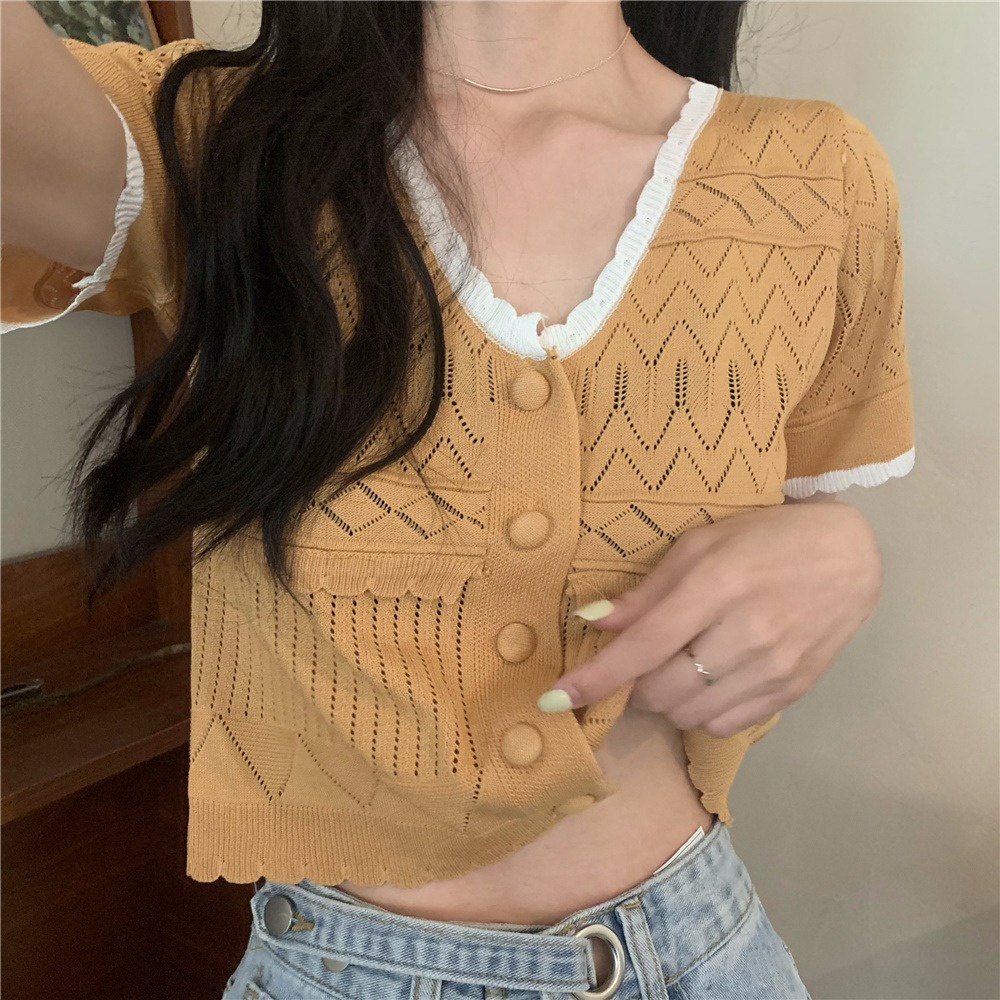 Áo lửng dệt kim ZHELIHANGFEI tay ngắn cổ chữ V thời trang dễ thương dành cho nữ