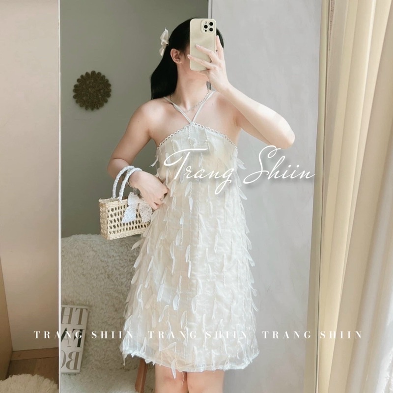 Đầm váy suông lông phối ren kem dây cổ yếm, thời trang tiểu thư hot girl sang trọng dễ thương đi chơi dạo phố dự tiệc