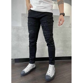 Quần bó nam đen amiri đen rách ống đứng chất co dãn.