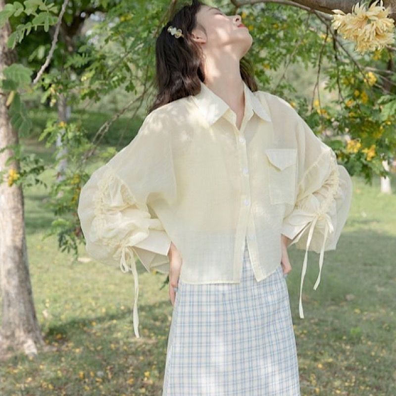 Áo Sơ Mi Chiffon Mỏng Dáng Rộng Tay Dài Màu Vàng Cho Nữ