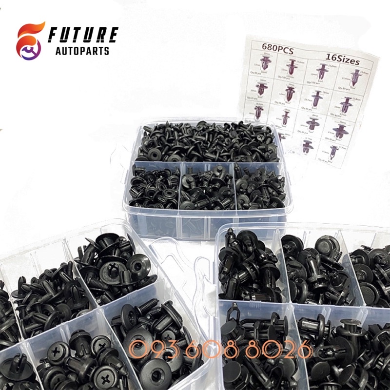 Bộ 680 chiếc vít nhựa, chốt nhựa, nở nhựa gồm 16 kích cỡ dành cho xe ô tô - Future Autoparts