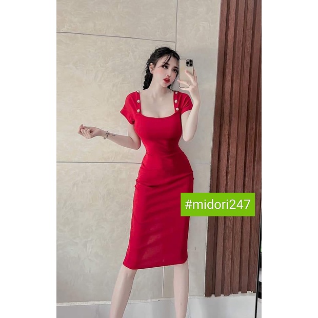 Đầm ôm body cổ vuông có nút vai tay ngắn chất thun lên form ôm dáng cực kì, váy body nữ tay ngắn form dài MIDORI247