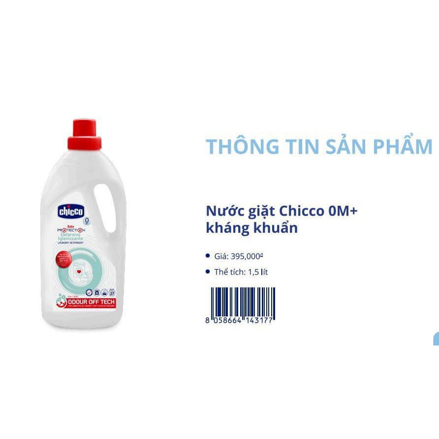 Nước giặt , xả Chicco (mua 1 nước giặt 1,5L tặng 1 nước xả vải 750ml )