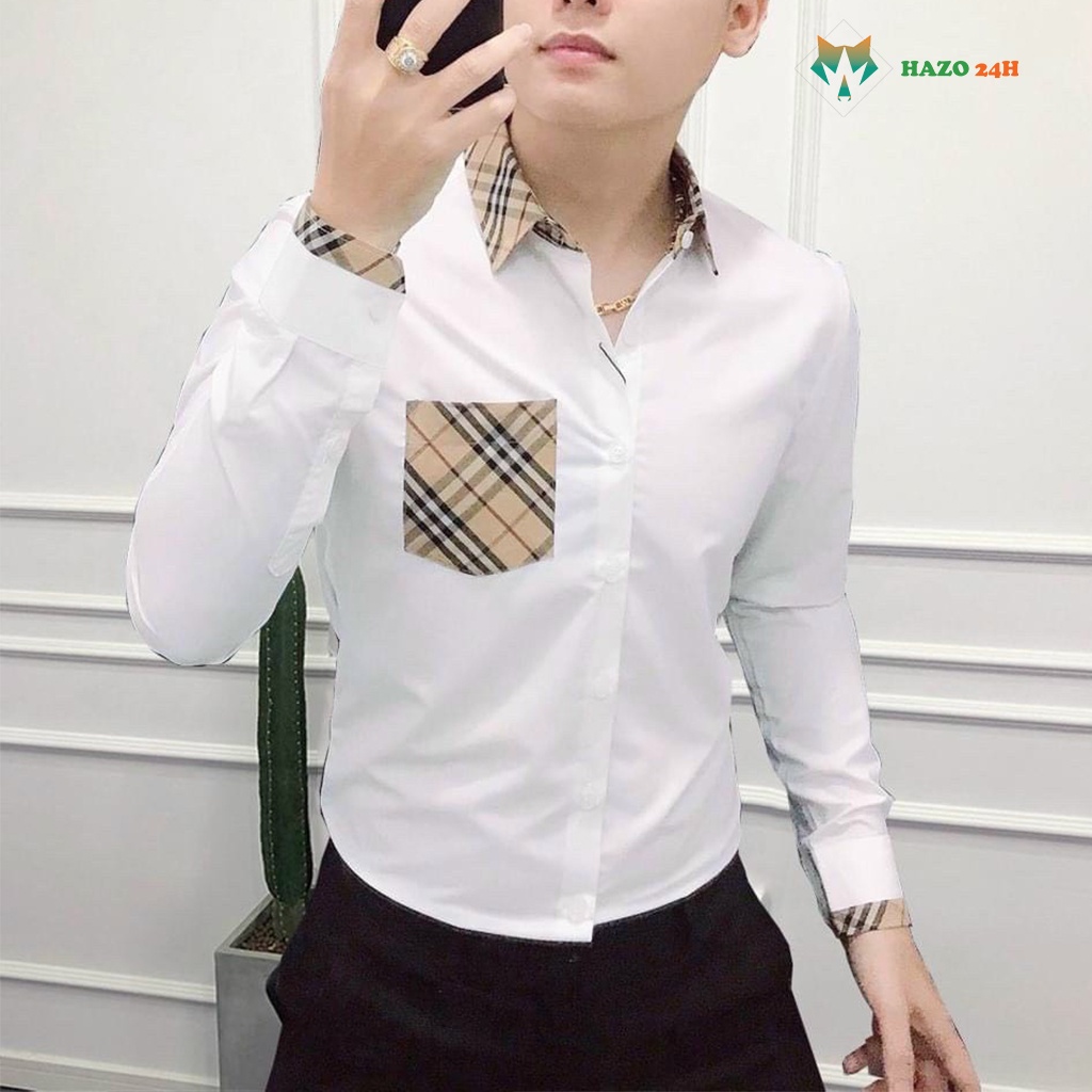 Áo Sơ Mi Trắng Dài Tay Cổ Và Tay Áo Phối Sọc Kẻ Sang Trọng 256 Kiểu Dáng Trẻ Trung - Hazo