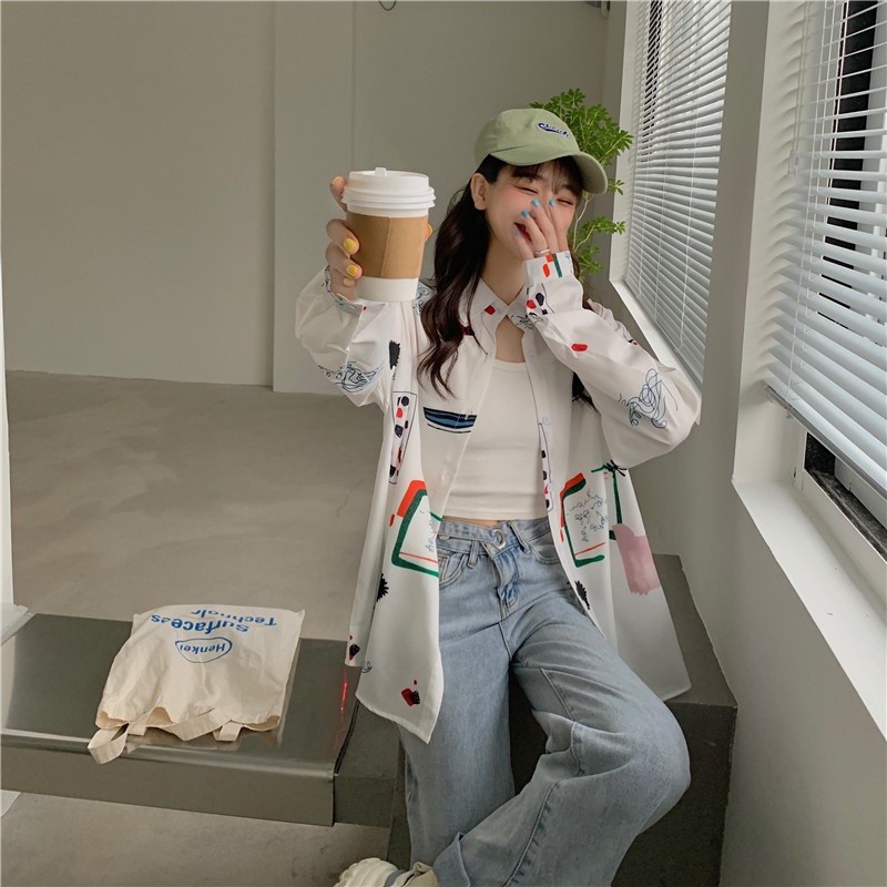 SUXI Áo sơ mi chiffon tay dài in hoa phong cách retro Hàn Quốc cho nữ