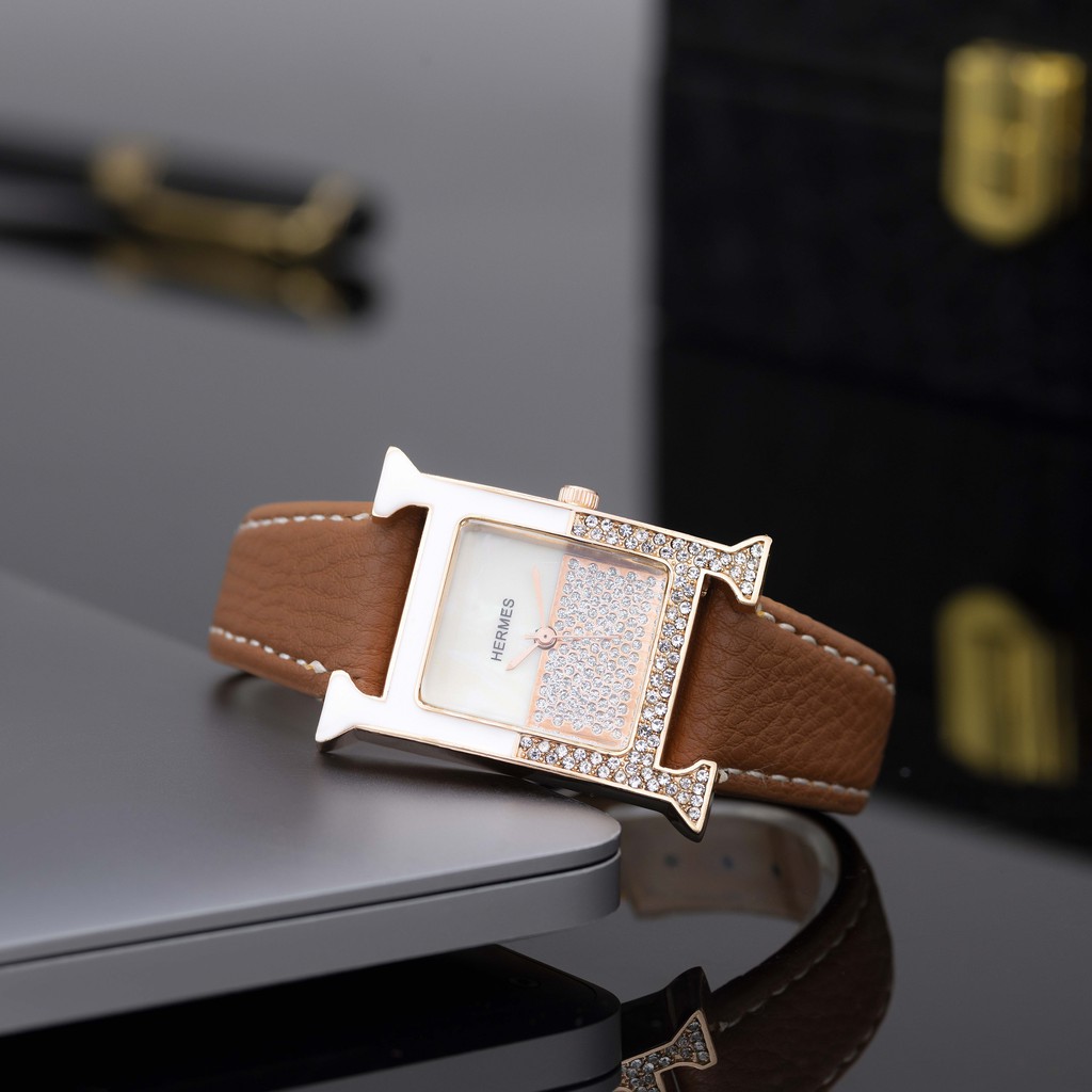 [Fullboxx 1:1] Đồng hồ nữ Hermes dây da mặt vuông đính đá cao cấp full box tặng hộp pishop - DHN02 shop447