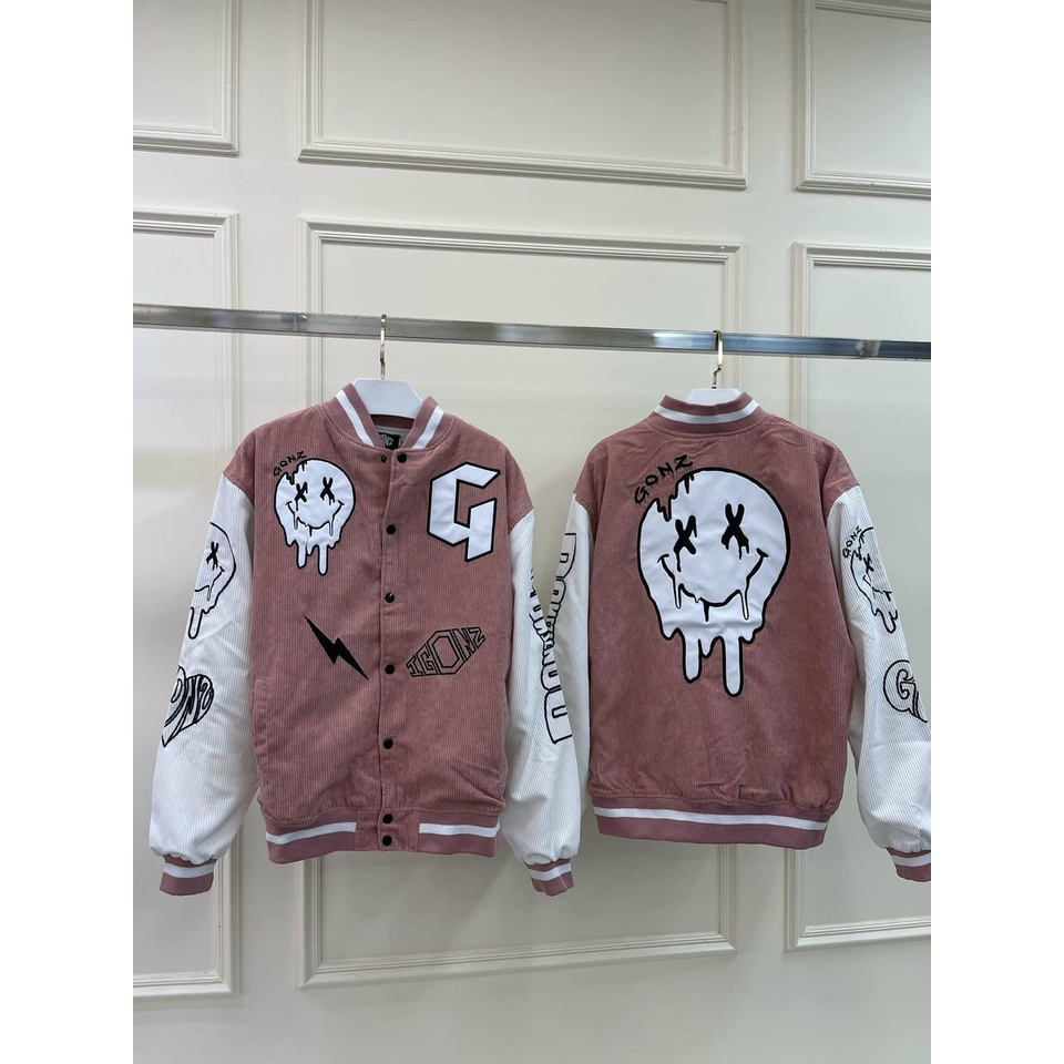 Áo khoác nhung kiểu bomber thêu hình icon mặt cười, Áo jacket varsity unisex nam nữ mẫu mới hot trend