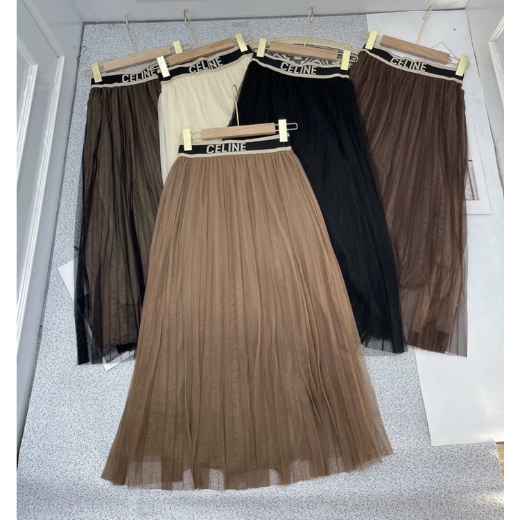 Chân váy lưới dáng cài cạp chữ hàng QC, Chân váy dáng dài xếp ly CV3310 - NhiNhi Shop