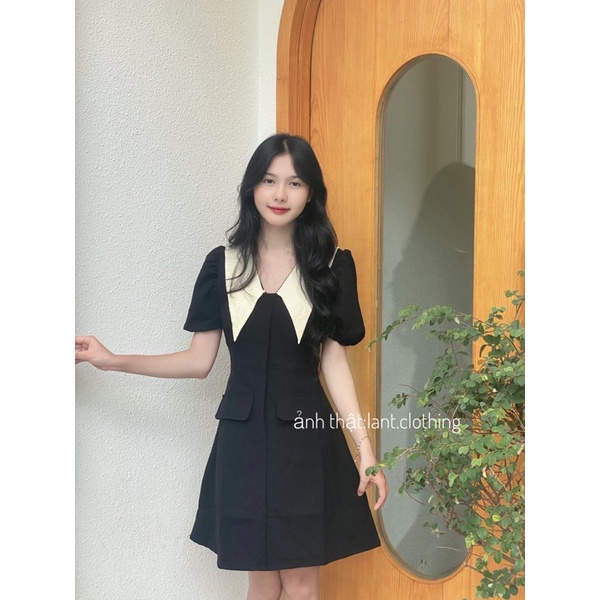 Váy cổ vạt nhọn pha trắng