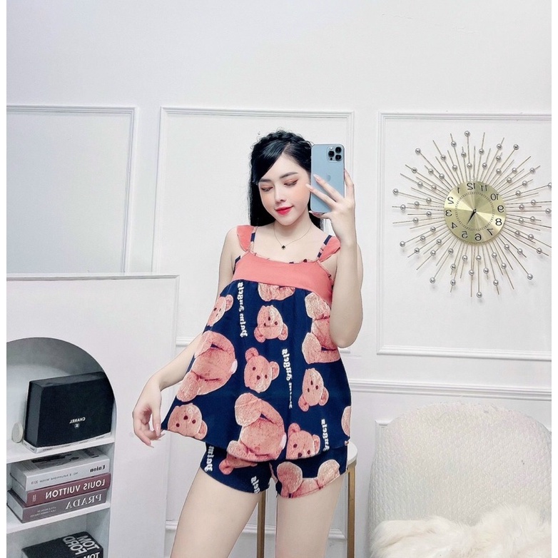 Bộ đồ ngủ mặc nhà lụa Hàn tay cánh tiên họa tiết xinh