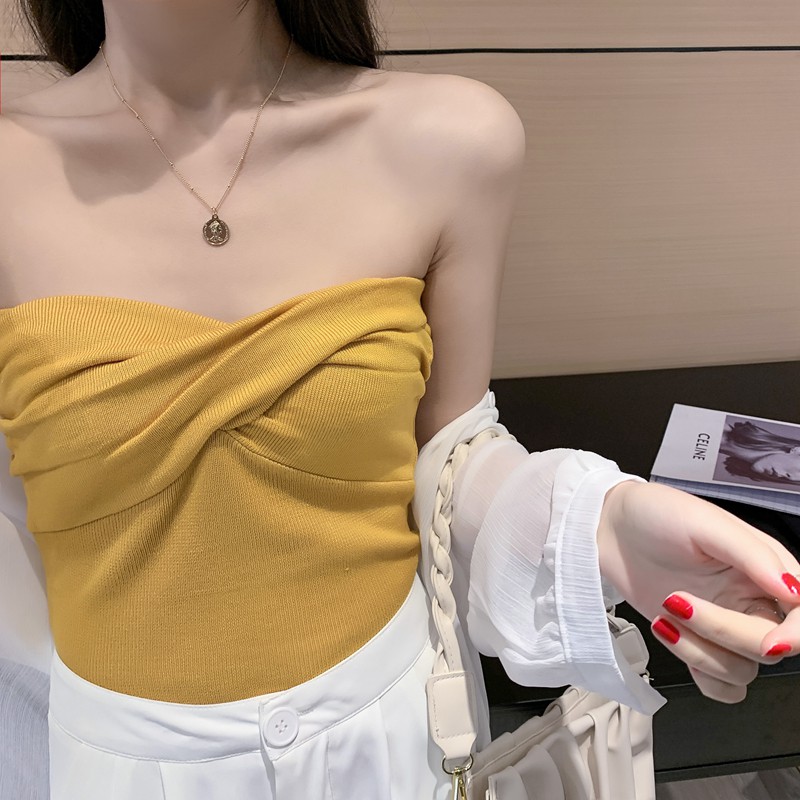 Cocory vn Áo crop top màu trơn trễ vai gợi cảm cho nữ