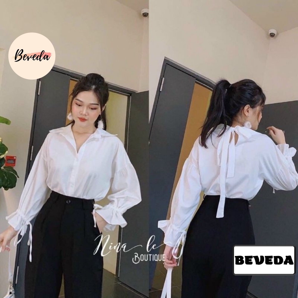 Áo Sơ Mi Trắng Nữ Nơ Sau Cổ Tay Dài Bèo Dây Rút
