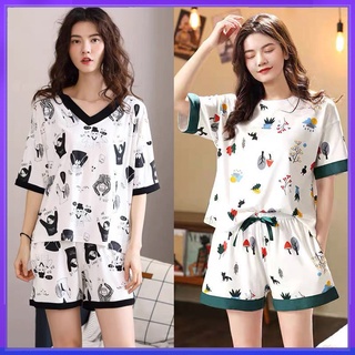 Bộ đồ ngủ mặc nhà quần đùi áo ngắn tay in họa tiết hoạt hình dễ thương cho nữ