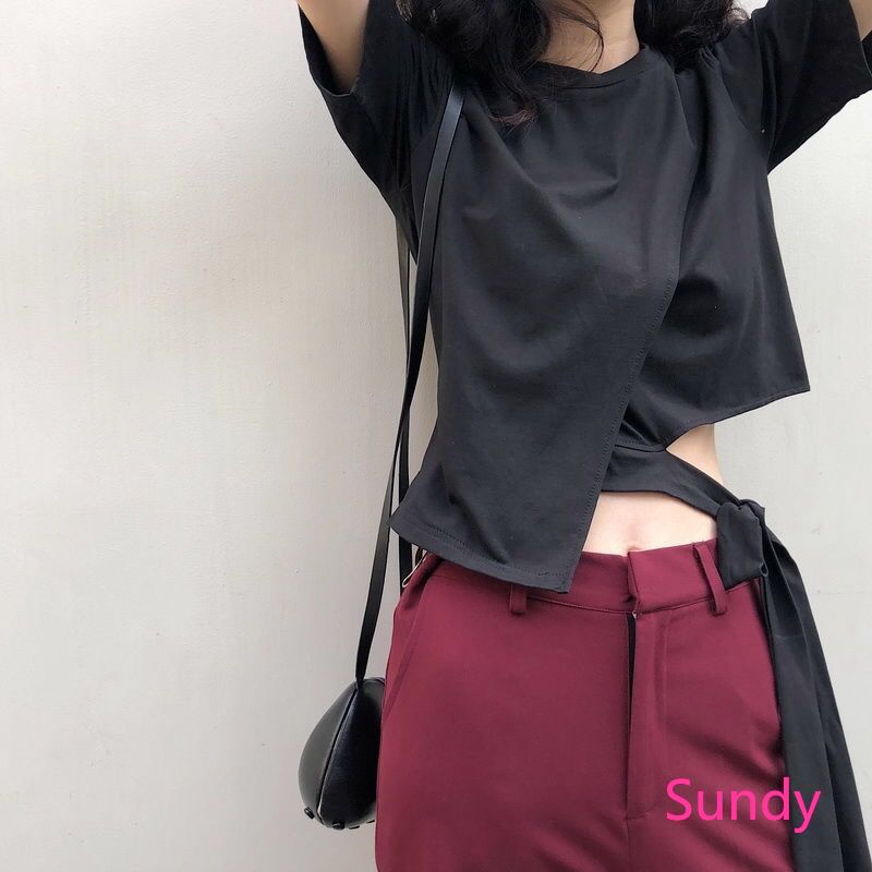 Áo thun thiết kế buộc dây lệch tà trẻ trung cho nữ