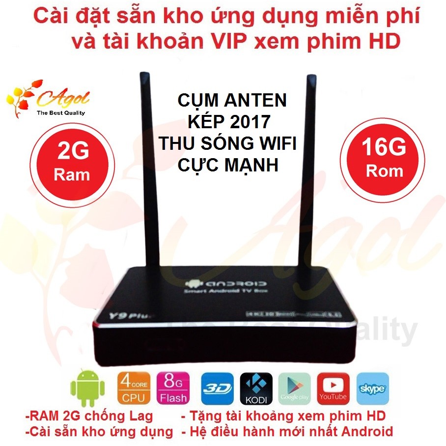 Android tivi box RAM 2G ROM 16G cụm anten kép mới 2017 Y9 plus bảo hành 6 tháng