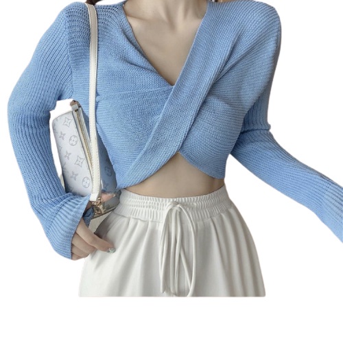 QKOOLE Áo dệt kim  tay dài cổ chữ V phong cách cổ điển Hàn Quốc cho nữ