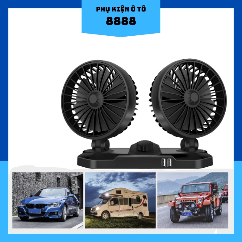 Quạt Đôi Mini 8888 Đa Năng Có 2 Đầu , Nguồn 12V/24V, ra 2 cổng USB, Xoay 360 Độ, Công Suất Lớn Cho Ô Tô/ Xe Tải