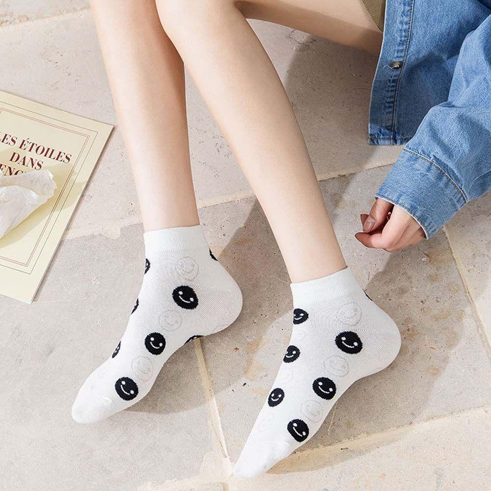 Vớ Thuyền Mỏng Cổ Thấp Thoải Mái Họa Tiết Sọc Trắng Đen Hình Mặt Cười Đáng Yêu